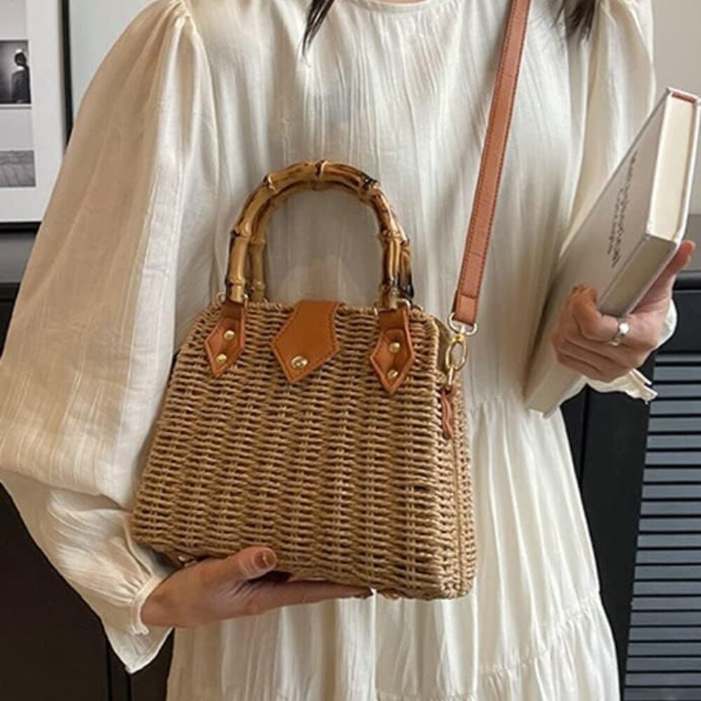 Women Straw Crossbody Bag Handwoven Basket Handbags Summer Beach Weave Shoulder - Picture 3 of 8